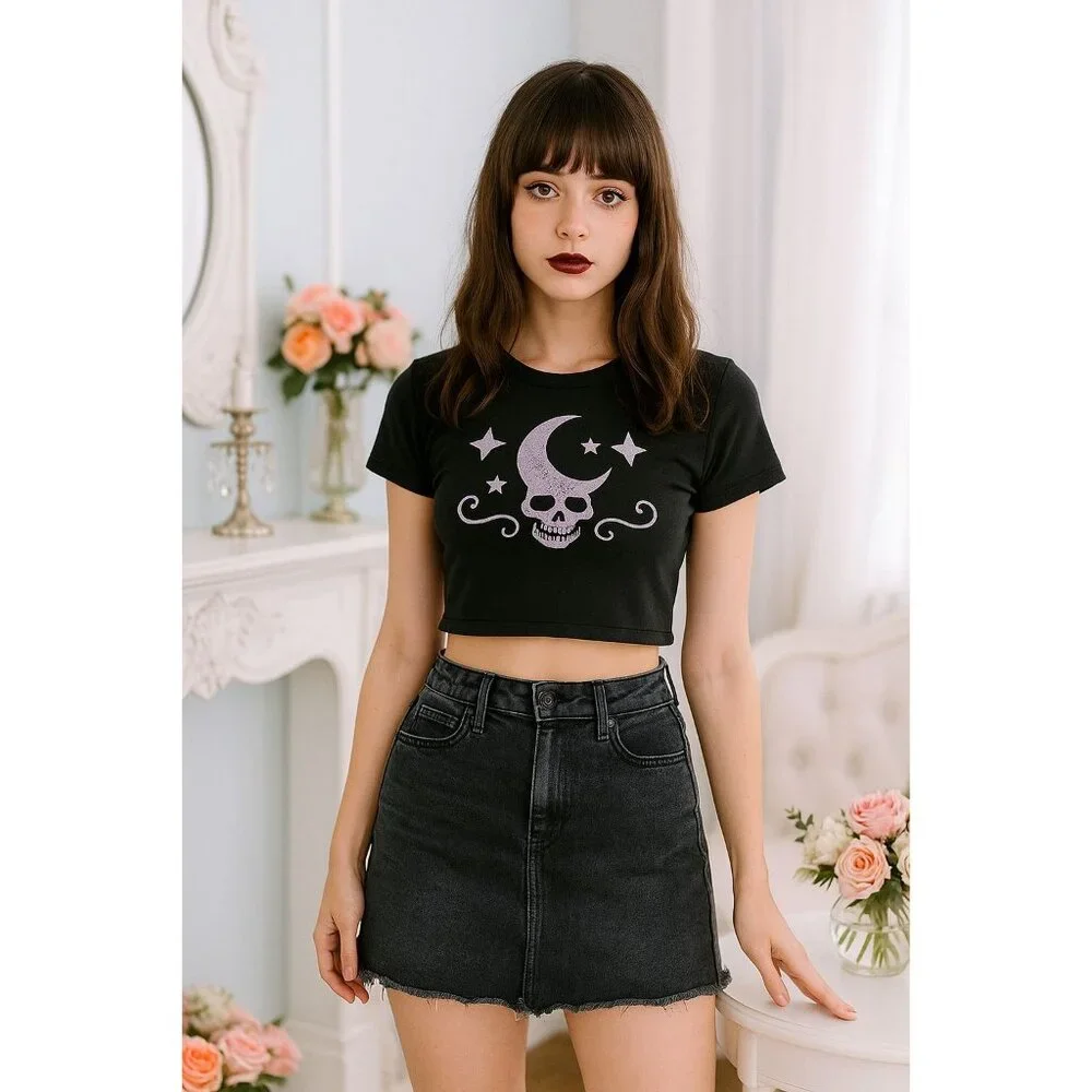 Just Black XS Jean Skirt Released Hem Stretch Casual Retro Classic Denim Black